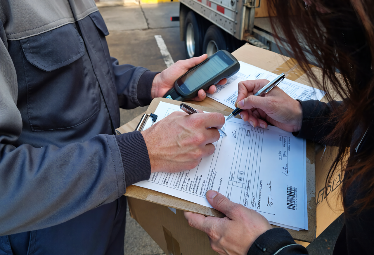 Image of a customer signing for a fireworks delivery..
