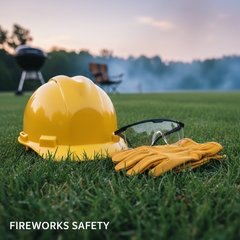 Fireworks safety gear including a hard hat, safety glasses and leather gloves arranged neatly on the grass with a BBQ in the background.