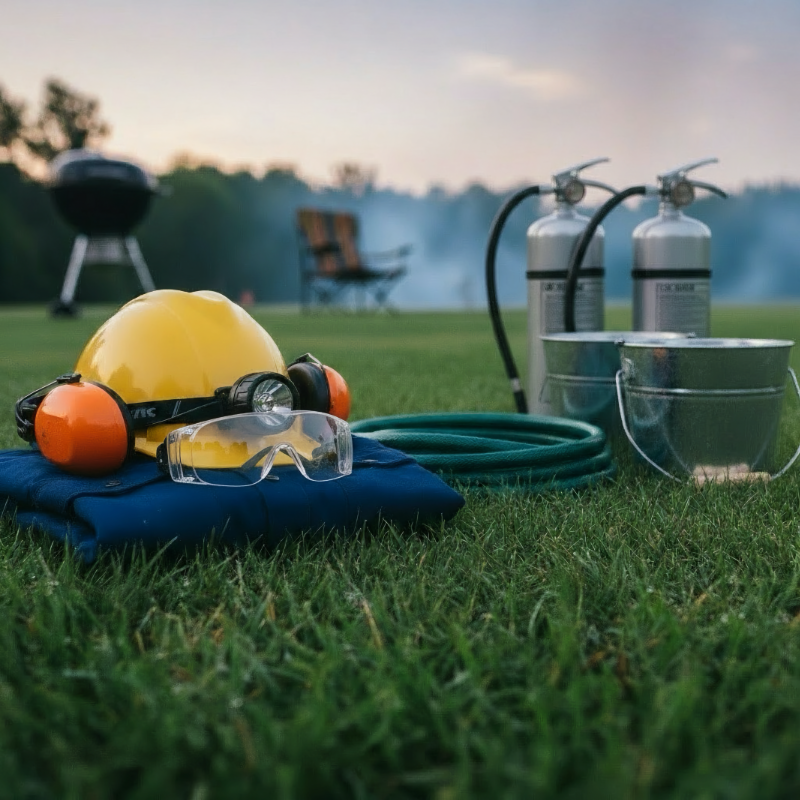 Safety gear including Eye and ear protection, a long sleeve shirt, a water hose, buckets and water fire extinguishers.