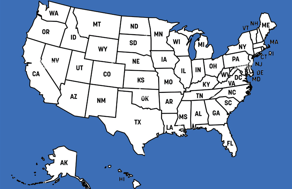 Image outline of the United States linking to the list of state fireworks laws from American Pyrotechnics Association.
