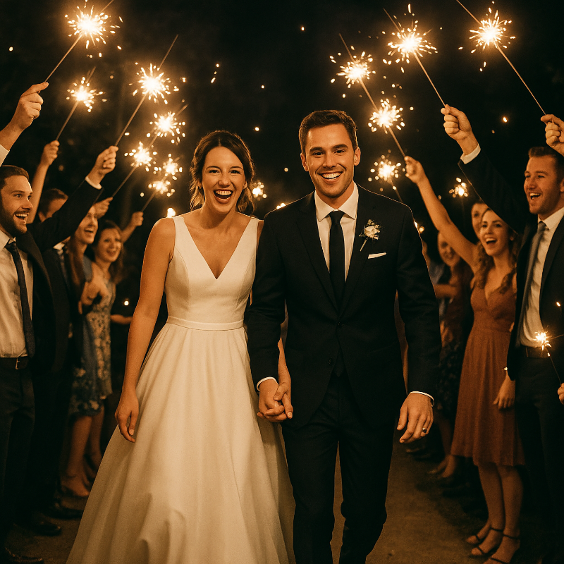 Image of a bride and groom at a wedding sparkler sendoff.