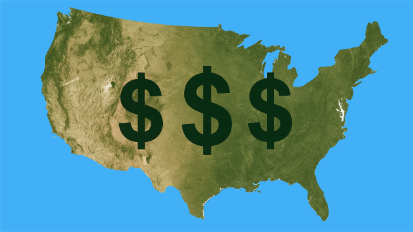 Image of the 49 Contiguous United States with dollar signs showing a link to current shipping rates.