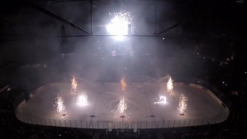 Indoor fireworks at Kalamazoo Griffins hockey arena.